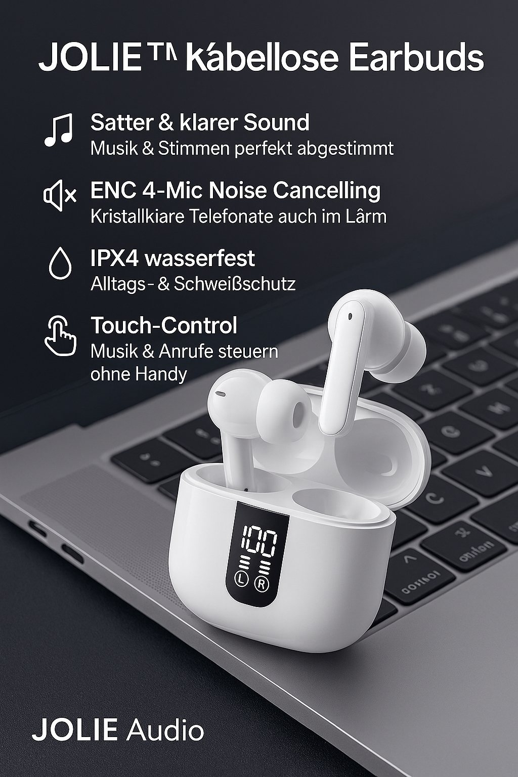JOLIE™ Kabellose Earbuds – Bluetooth 5.3, ENC 4-Mic Noise Cancelling, 28h Akku, Wasserschutz IPX4